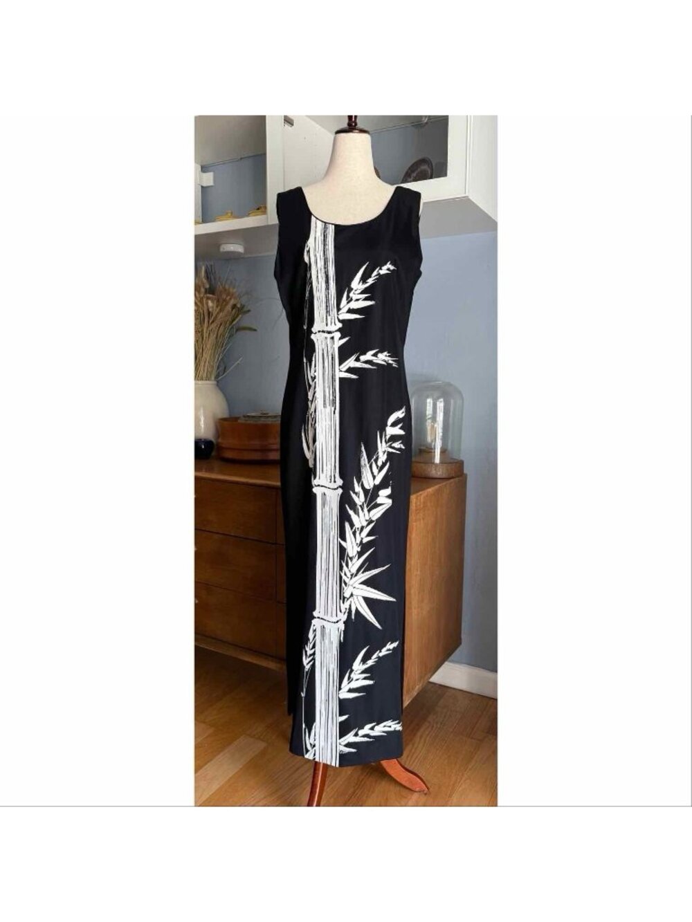 VTG 70s Alfred Shaheen Black Hand-Painted White Bamboo Maxi Dress Sz M - Picture 1 of 7